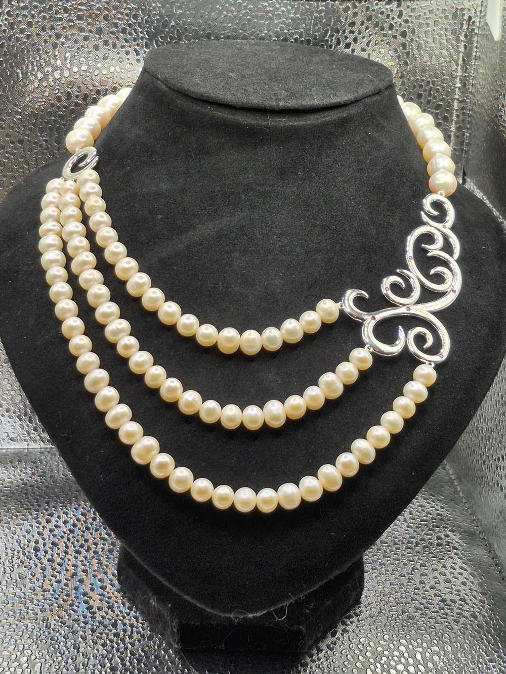 Elegant Triple-Strand Genuine Pearl Necklace with Silver Scroll Accent